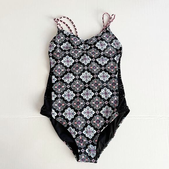 [Hula Honey] Black Gypsy Deco Lace Geometric Print One Piece Swimsuit Sz Small S - Picture 1 of 11